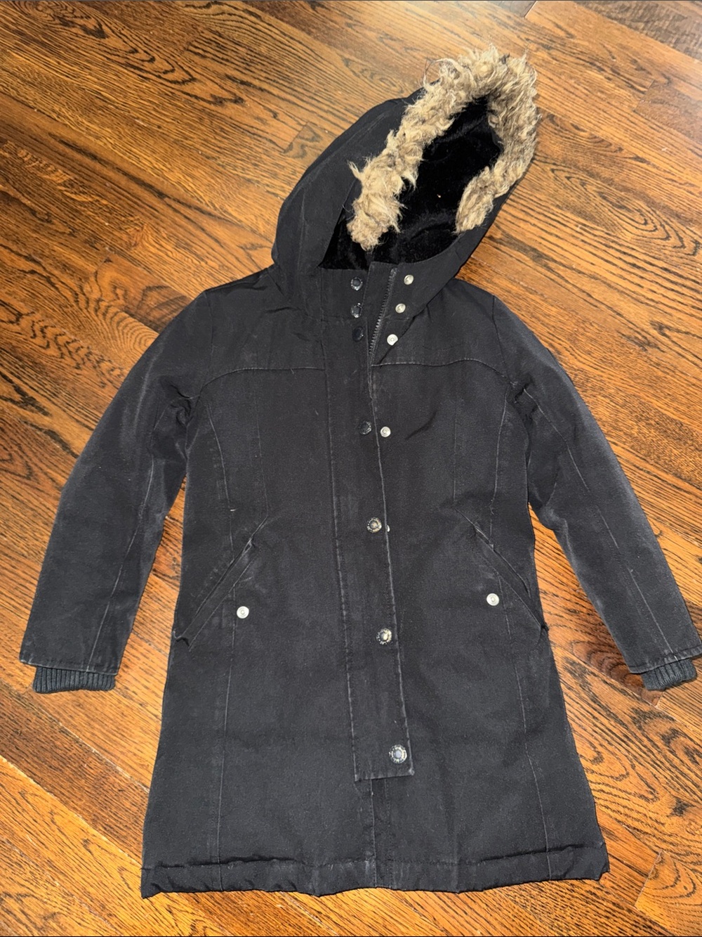Girl's size Small Black Hooded Parka Coat with Faux-Fur Trim